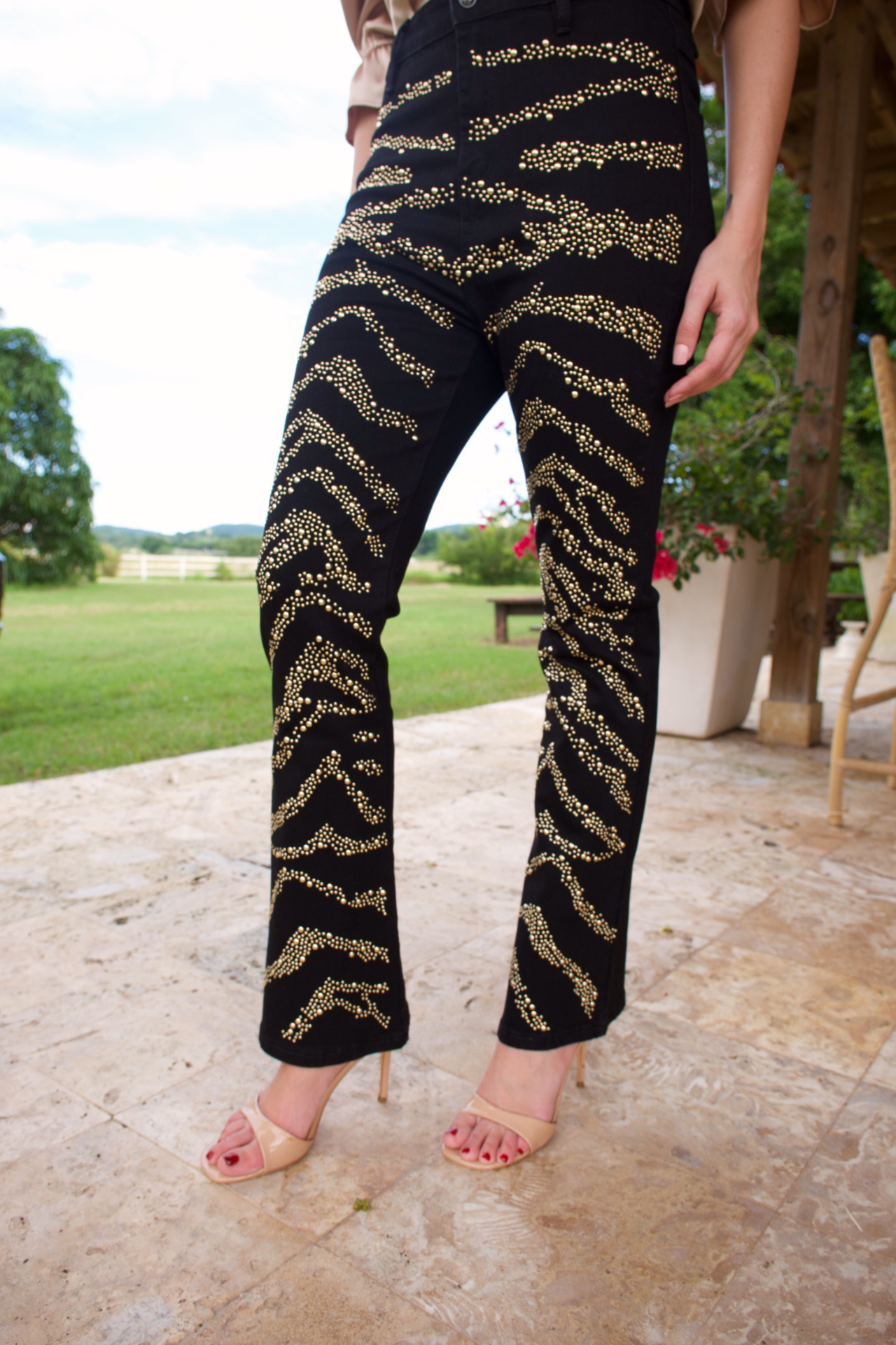 BLACK DENIM WITH GOLD STUDS