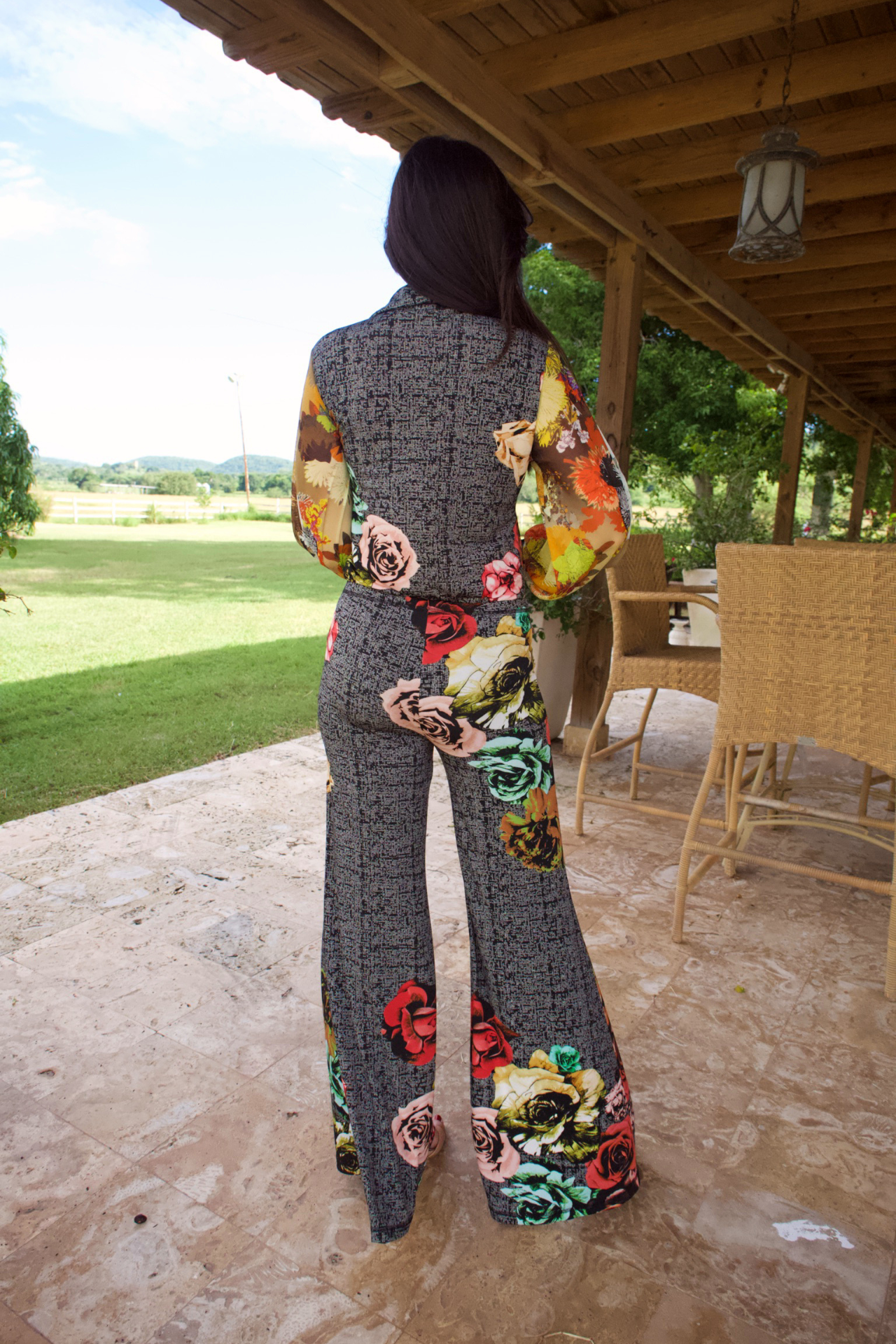 LONG MESH SLEEVE AND FLORAL PANT SET