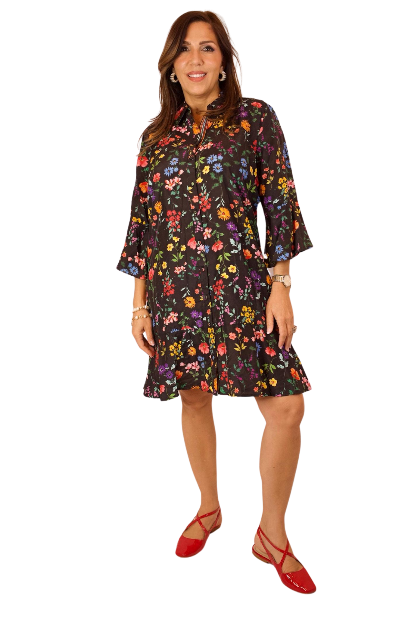 BLACK FLORAL DRESS WITH BELL SLEEVES AND END RUFFLE