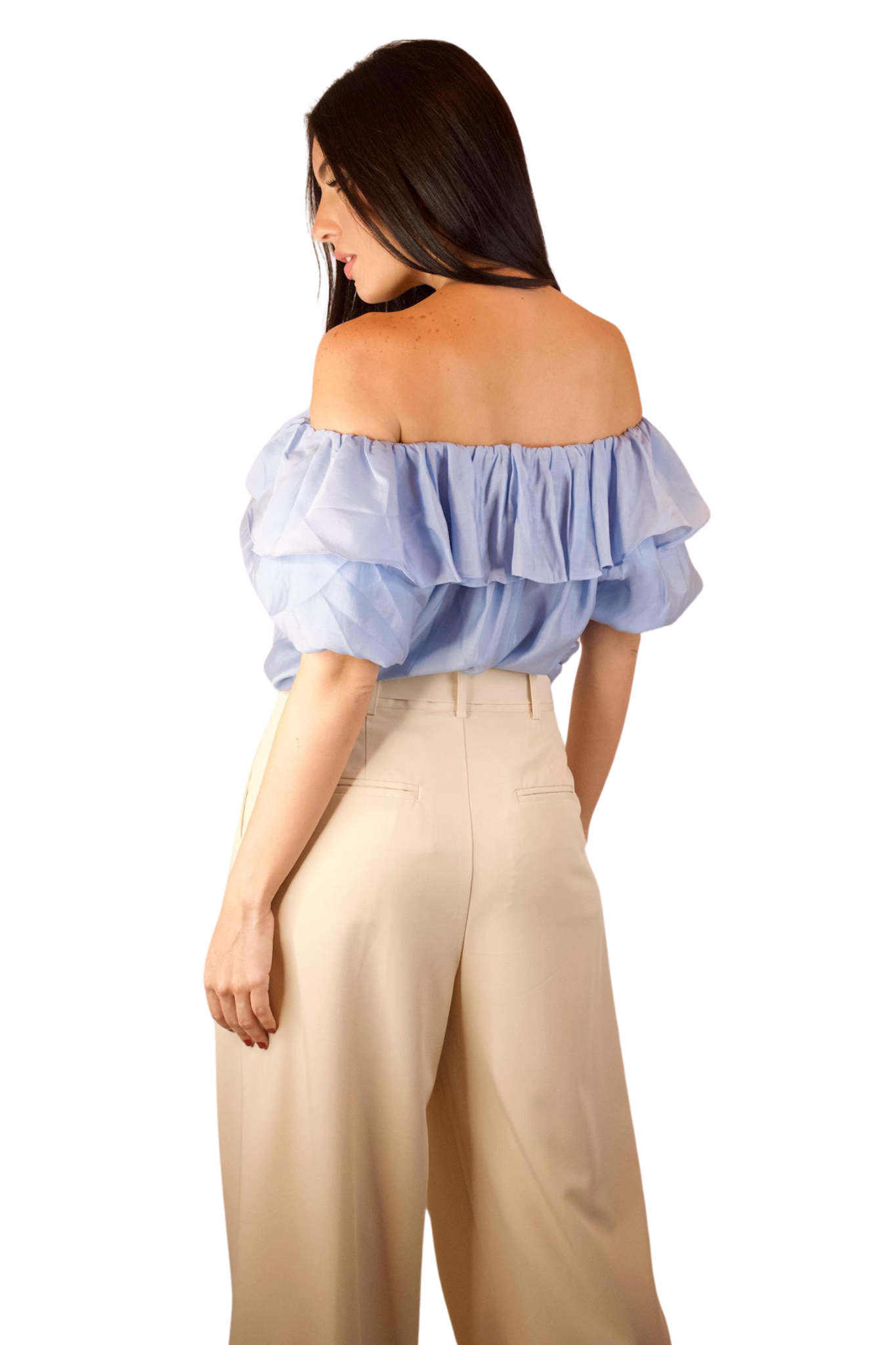 SKY BLUE OFF SHOULDER  WITH RUFFLE AND BUBBLE SLEEVE TOP