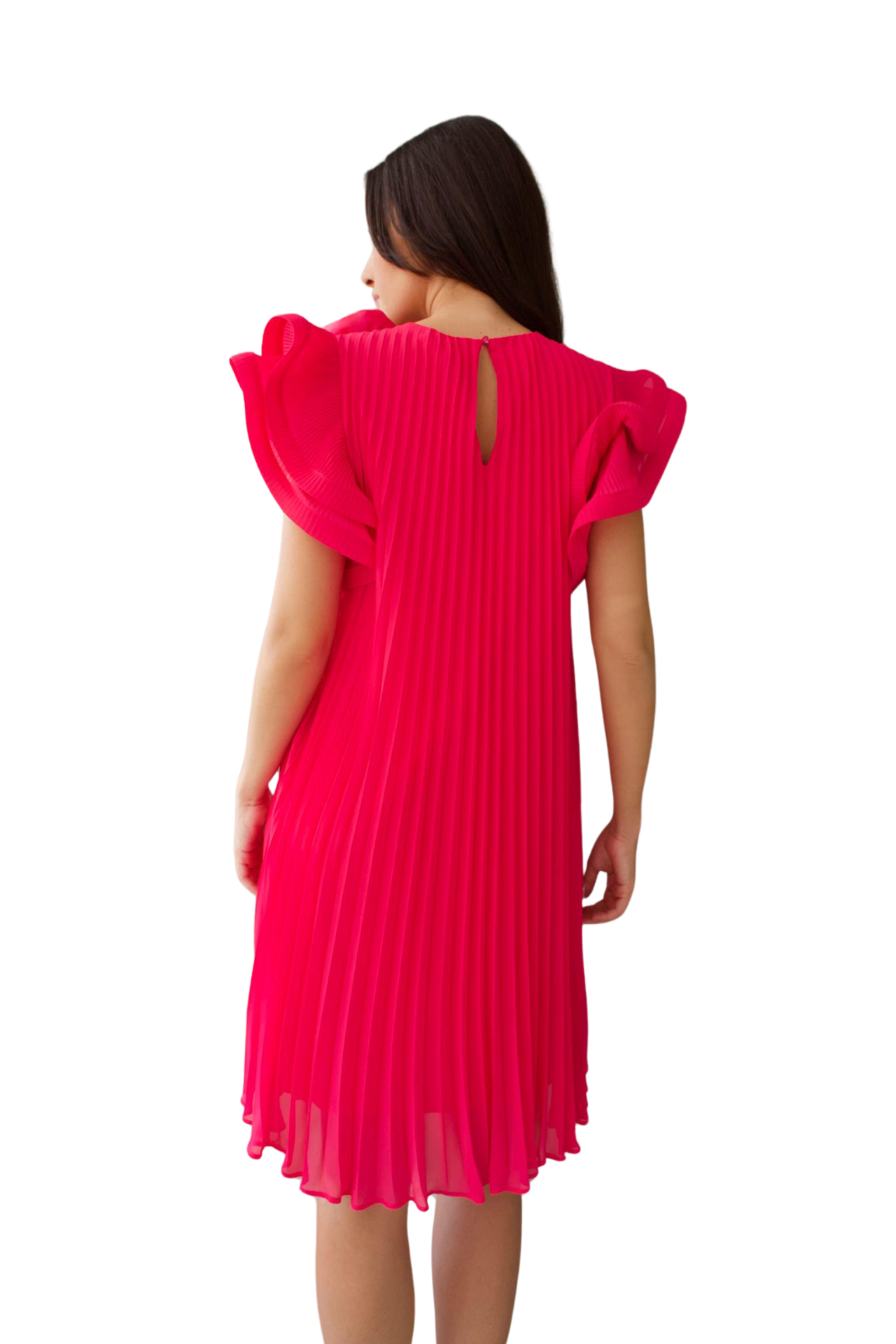 WIDE RUFFLE SHORT SLEEVE PLEATED DRESS