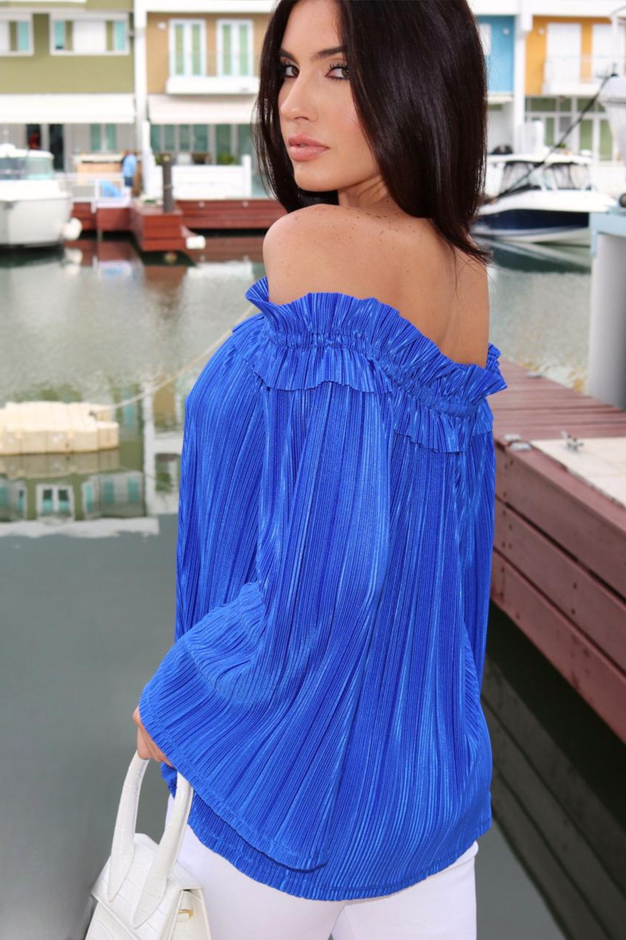 OFF SHOULDER PLISSE ROYAL BLUE TOP