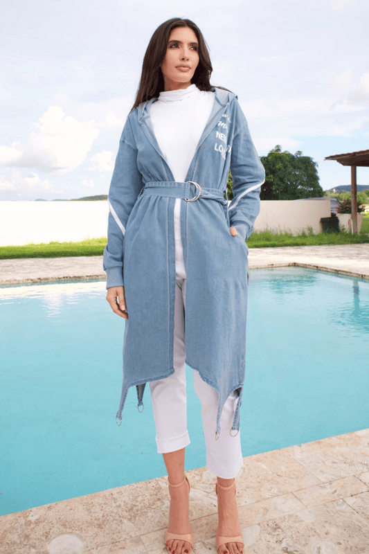 Women's denim duster jacket with back zipper – a stylish and versatile long outerwear piece.

