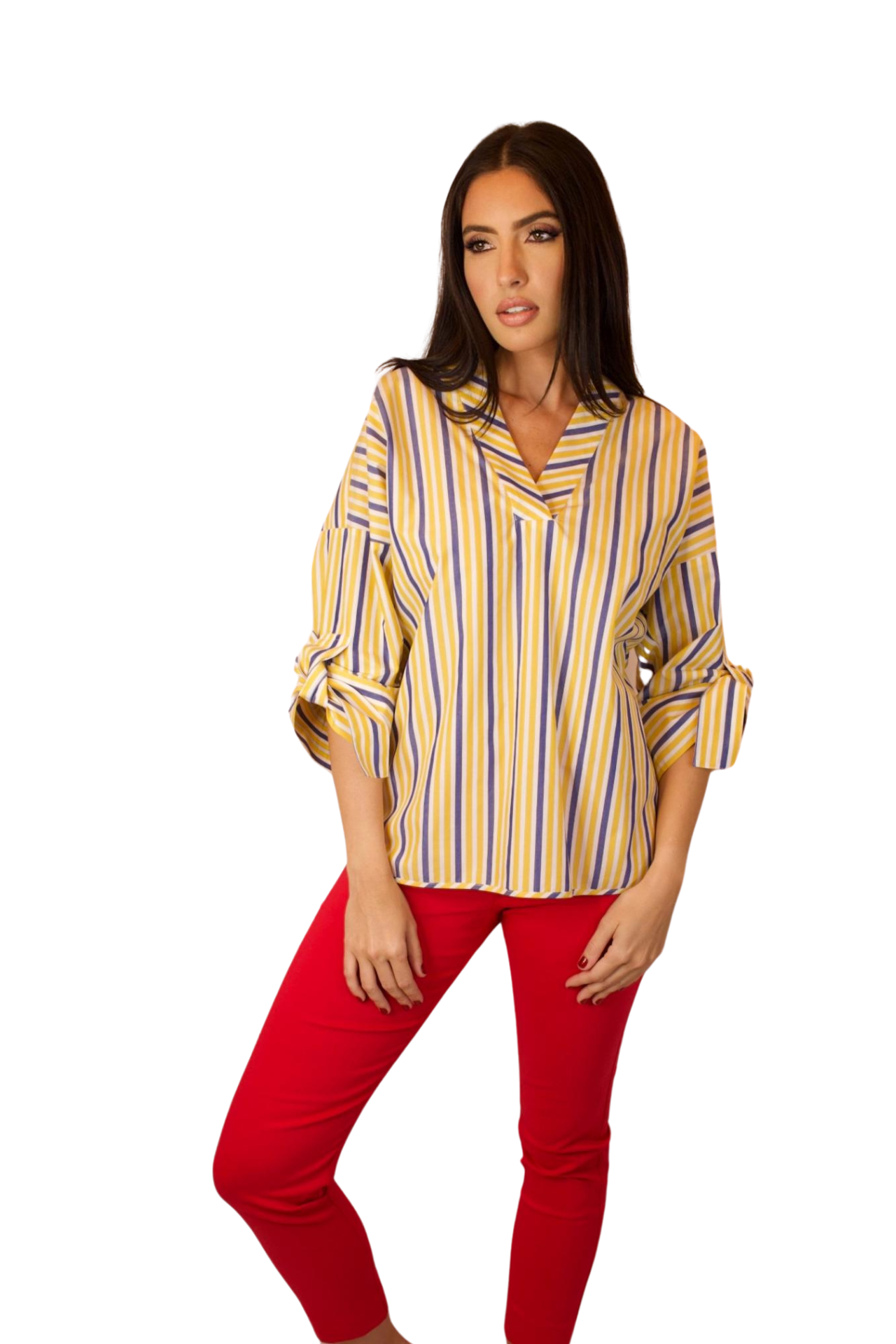 V-NECK  3/4 SLEEVE WITH A TIE IN WHITE, YELLOW AND BLUE VERTICAL STRIPES