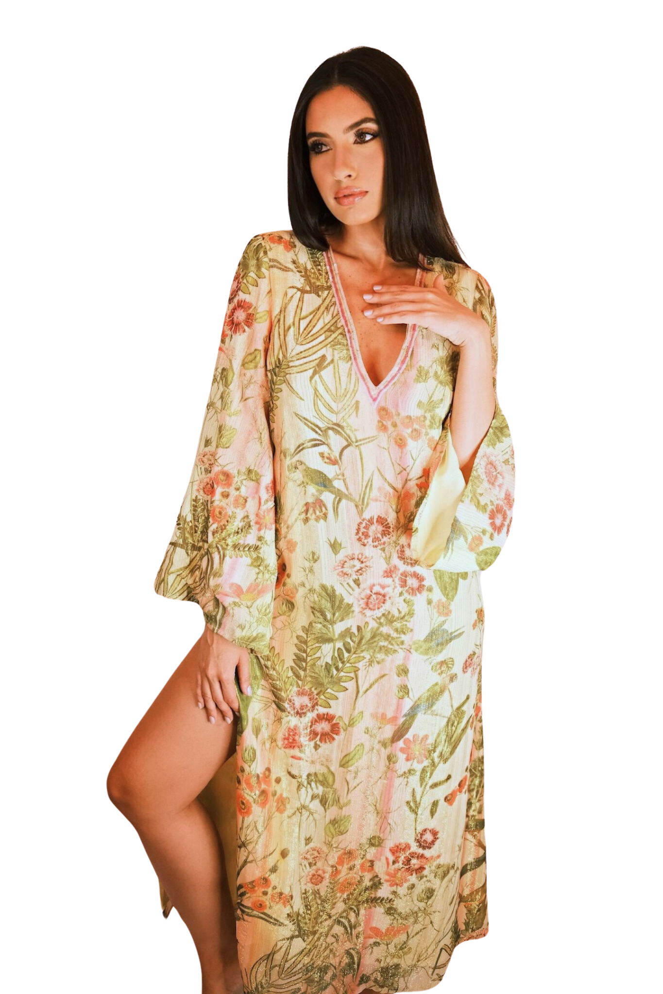 LONG BELL SLEEVE FLORAL KAFTAN WITH GOLD DETAILS